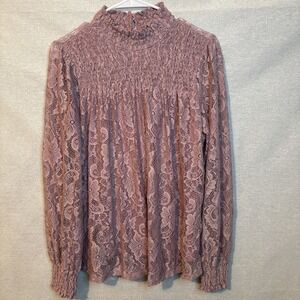 Cable & Gauge Champagne Pink Lace Victorian Floral High Neck Blouse Womens Large